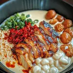Fiery Chicken Ramen with Creamy Garlic Sauce