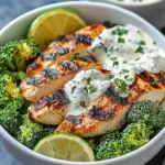 Grilled Chicken & Broccoli Bowls with Creamy Garlic Sauce