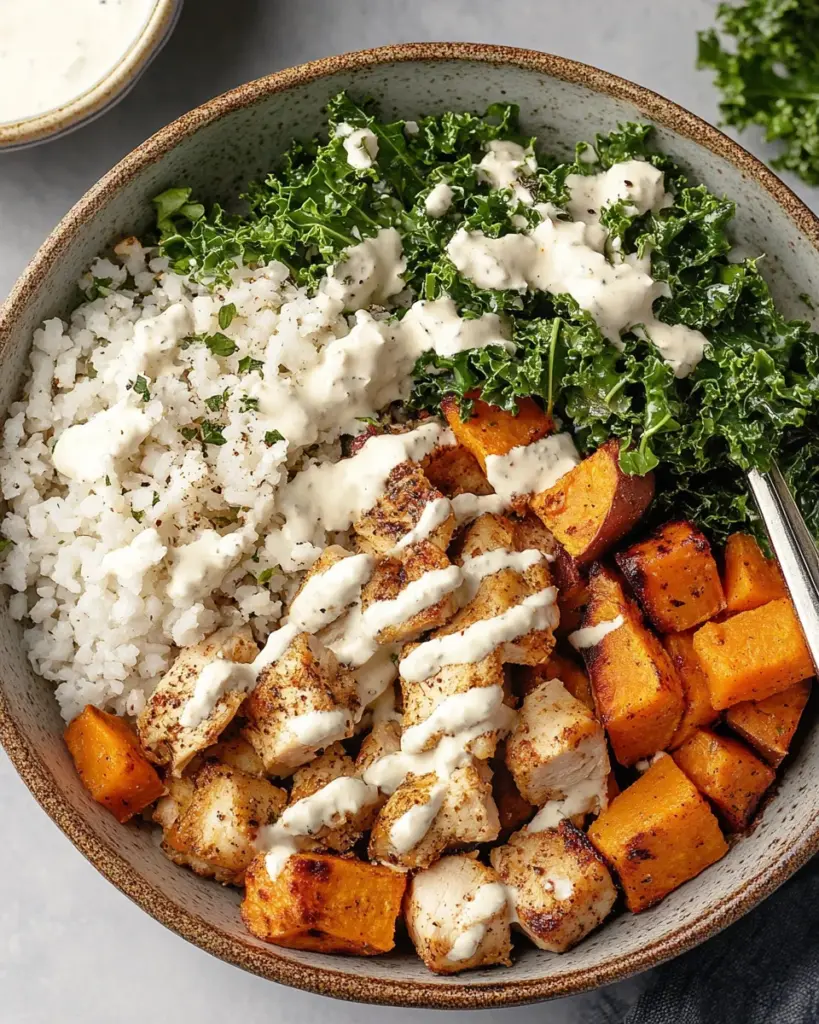 Roasted Chicken, Sweet Potato, and Kale Bowls