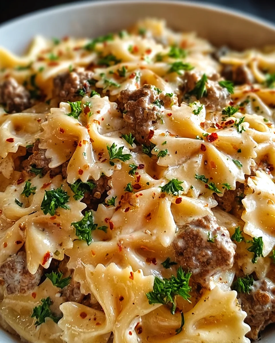 Beef and Bowtie Pasta with Alfredo Sauce