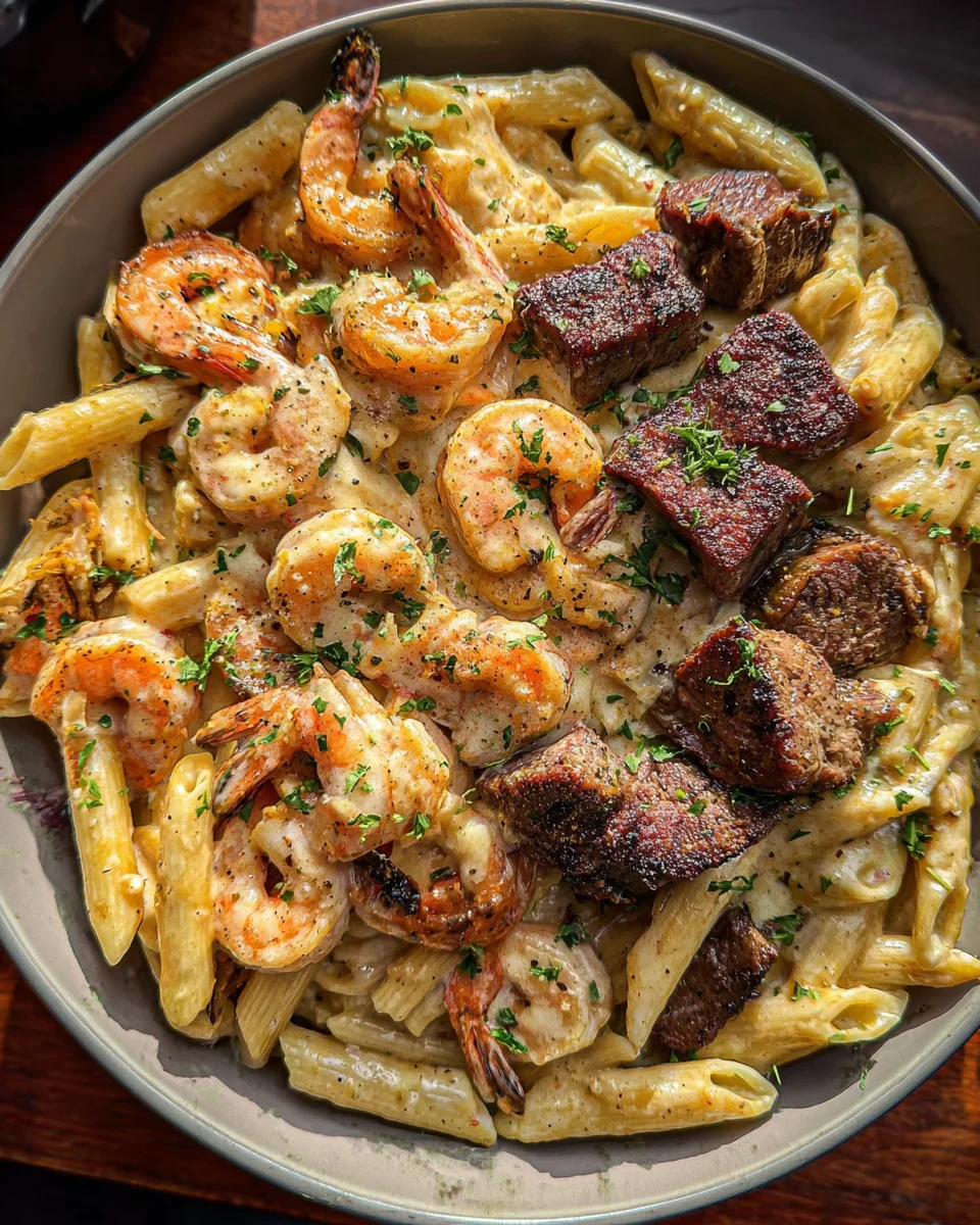 Blackened Steak and Shrimp Alfredo