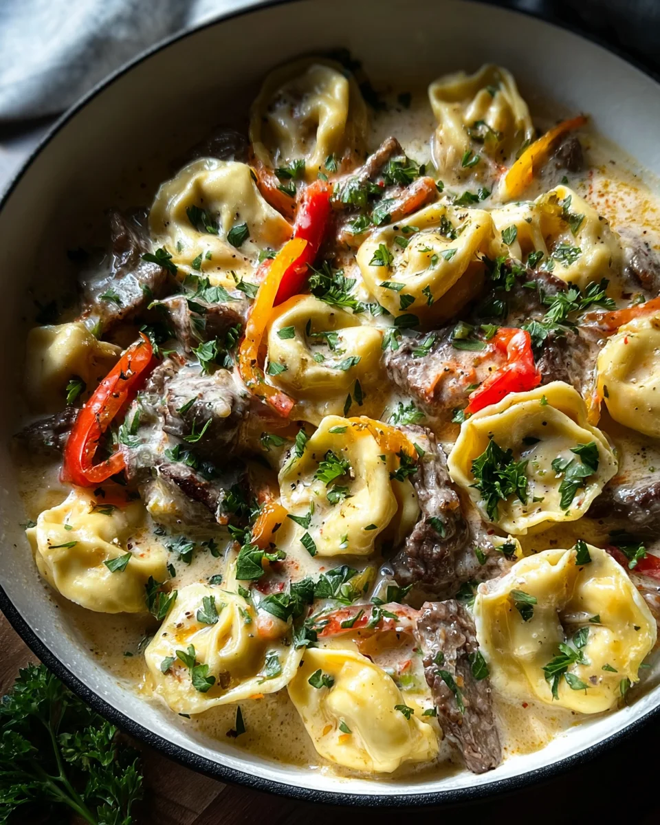 Cheesesteak Tortellini in Creamy Provolone Sauce