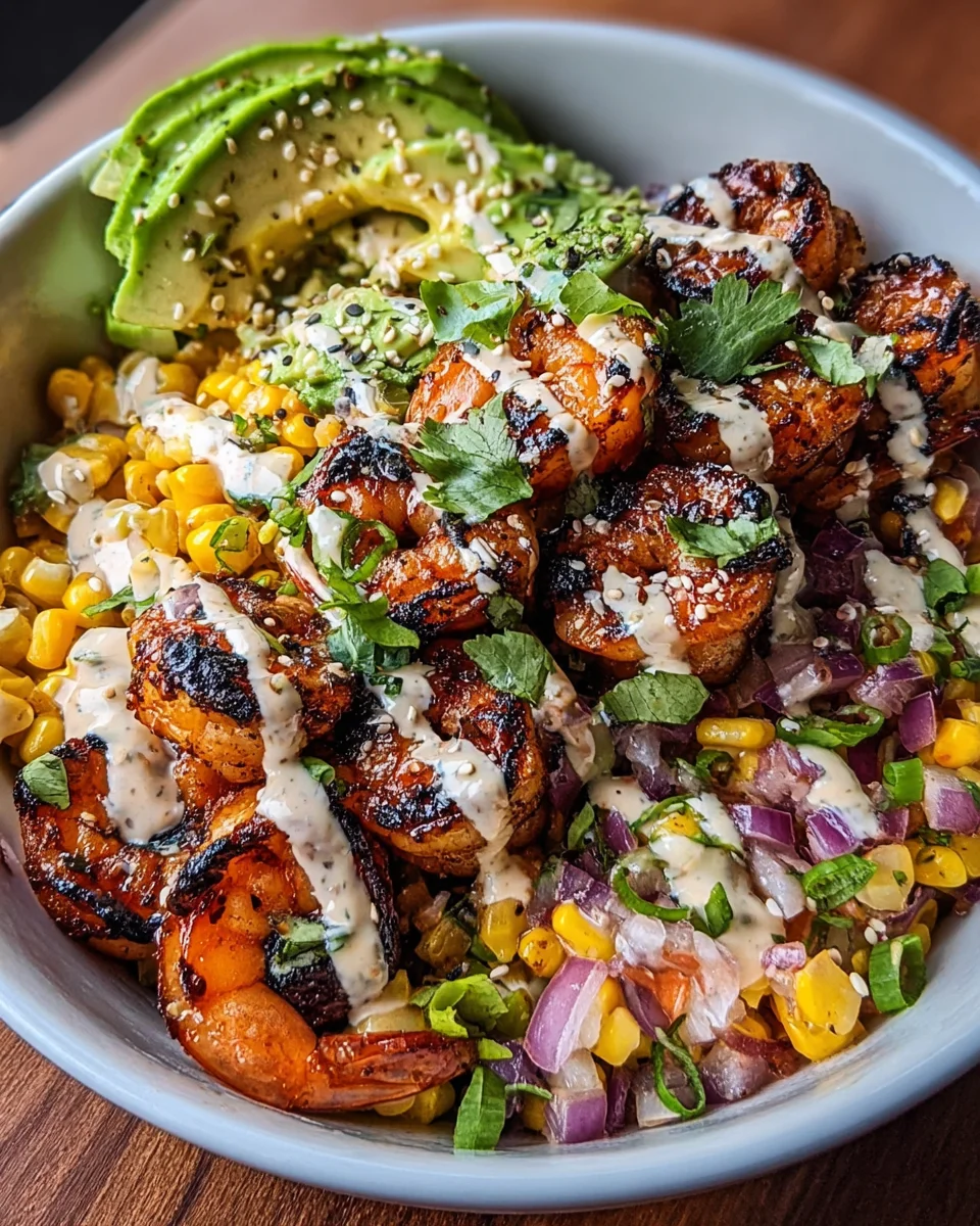 Grilled Shrimp Bowl with Avocado, Corn Salsa & Creamy Garlic Sauce