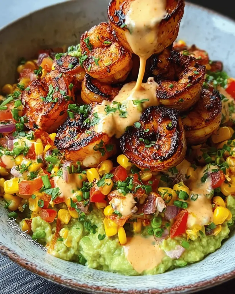 Grilled Shrimp Bowl with Avocado, Corn Salsa & Creamy Sauce