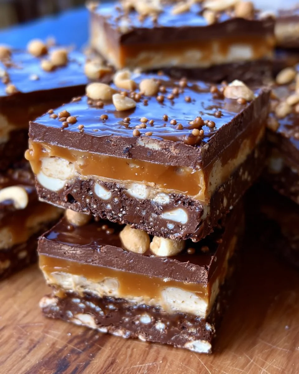 No Bake Crispy Snickers Bars