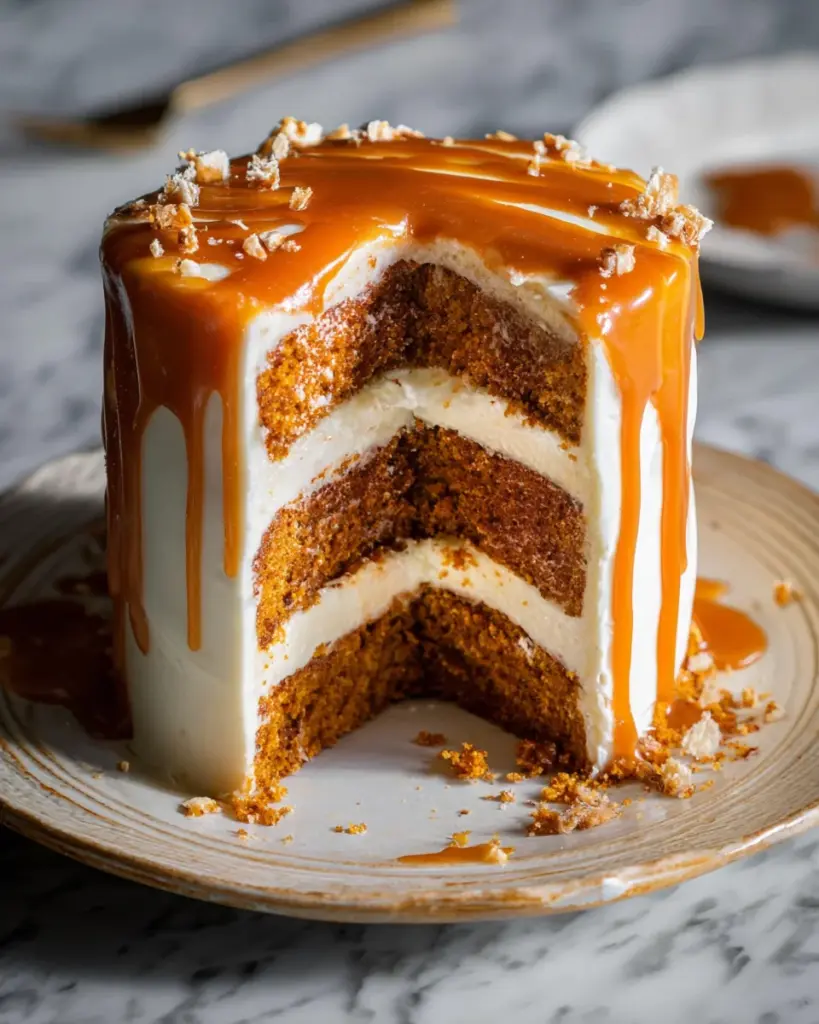 Pumpkin Cake with Cream Cheese Frosting and Salted Caramel Drizzle