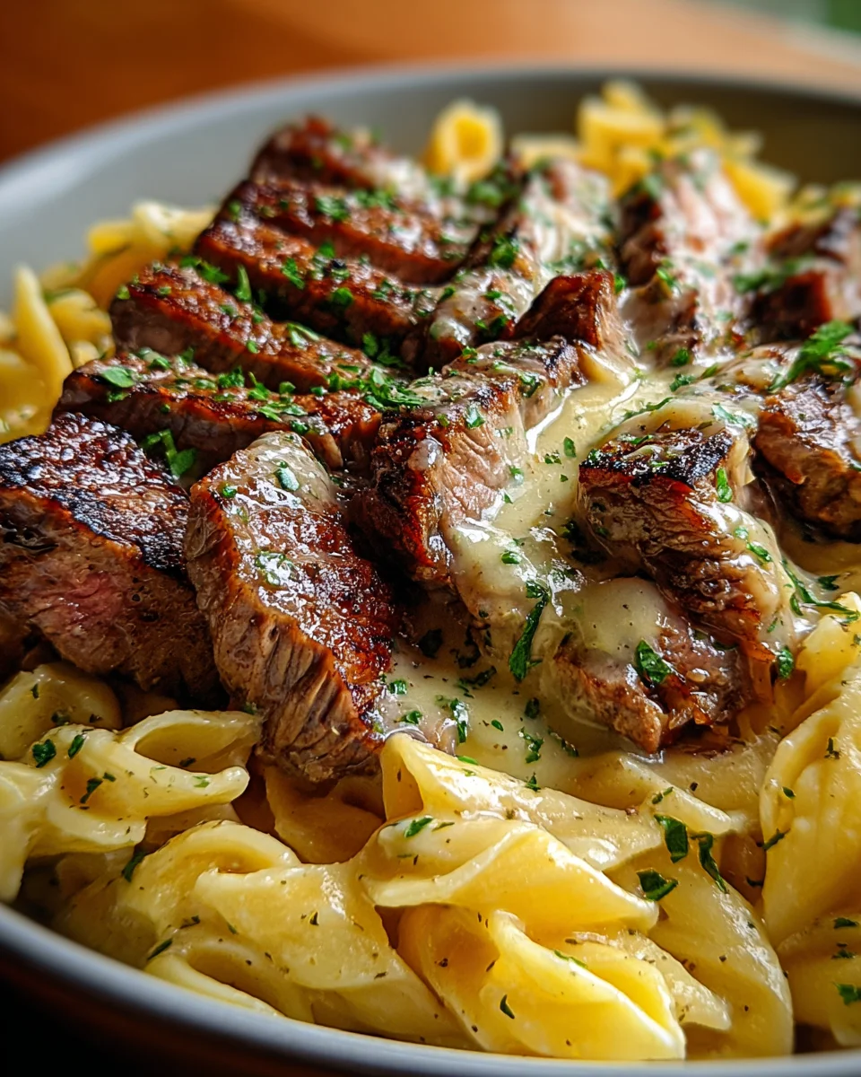Steak and Creamy Garlic Parmesan Pasta