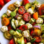 Tomato Cucumber Avocado Salad with Mozzarella and Basil Pesto
