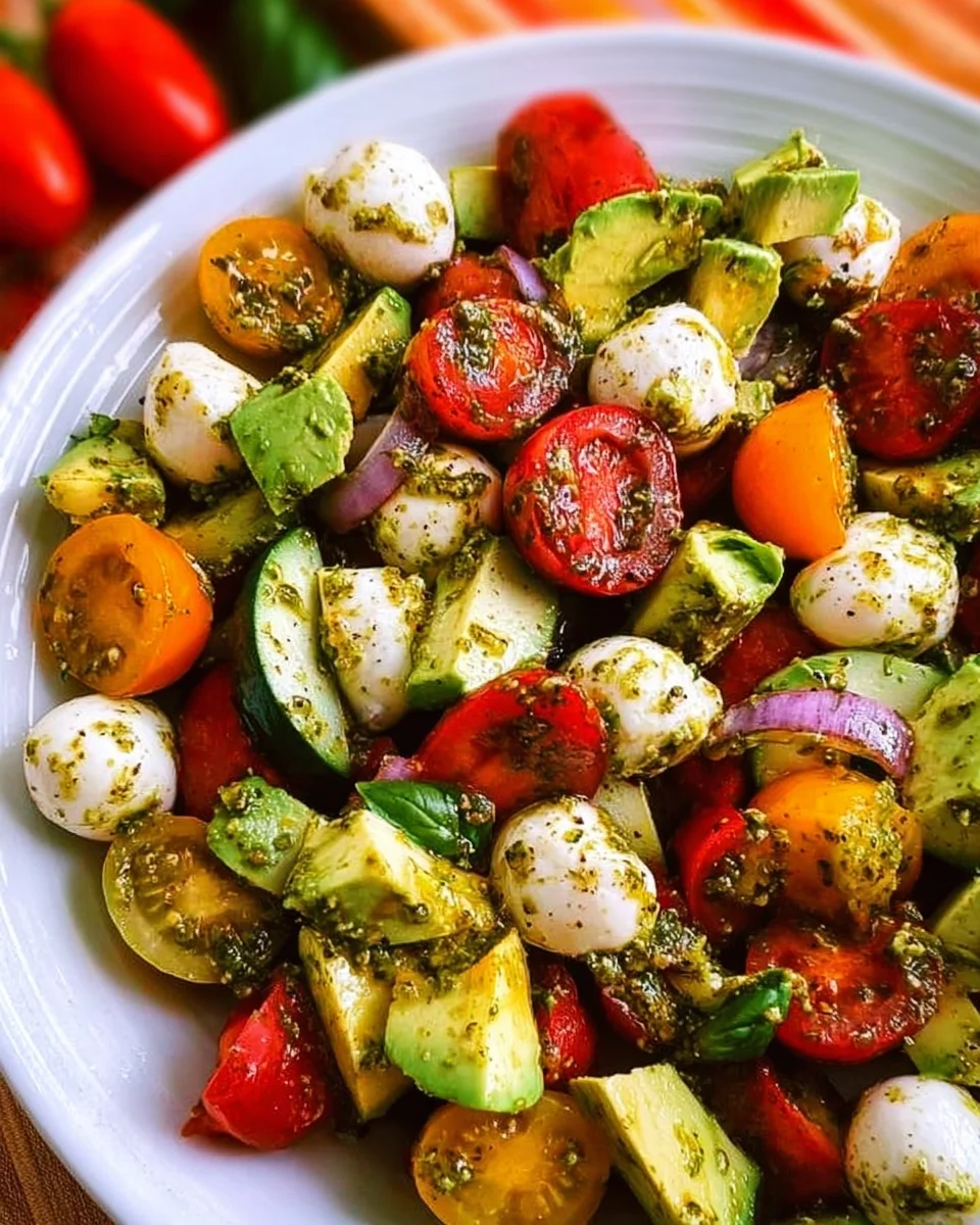 Tomato Cucumber Avocado Salad with Mozzarella and Basil Pesto