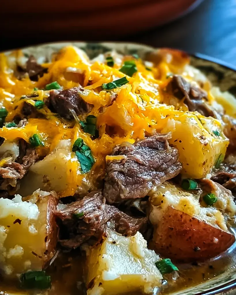 Crockpot Loaded Steak and Potato Bake Recipe