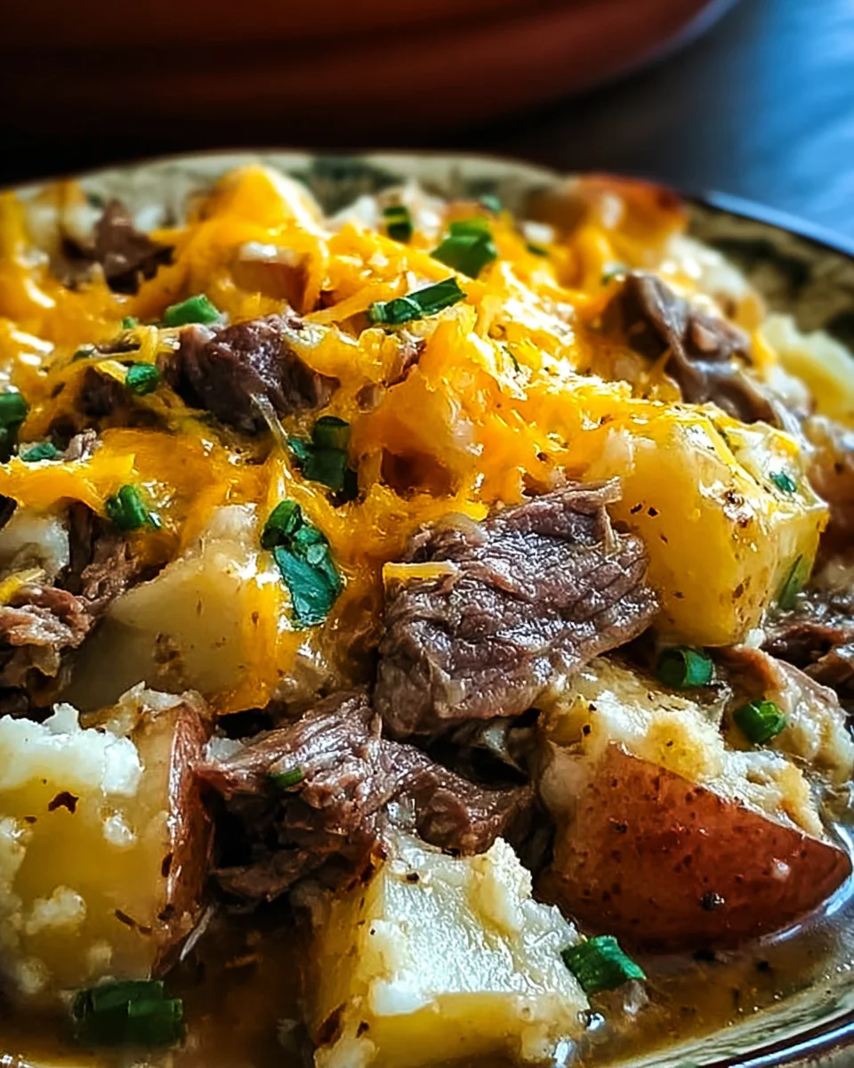 Crockpot Loaded Steak and Potato Bake Recipe