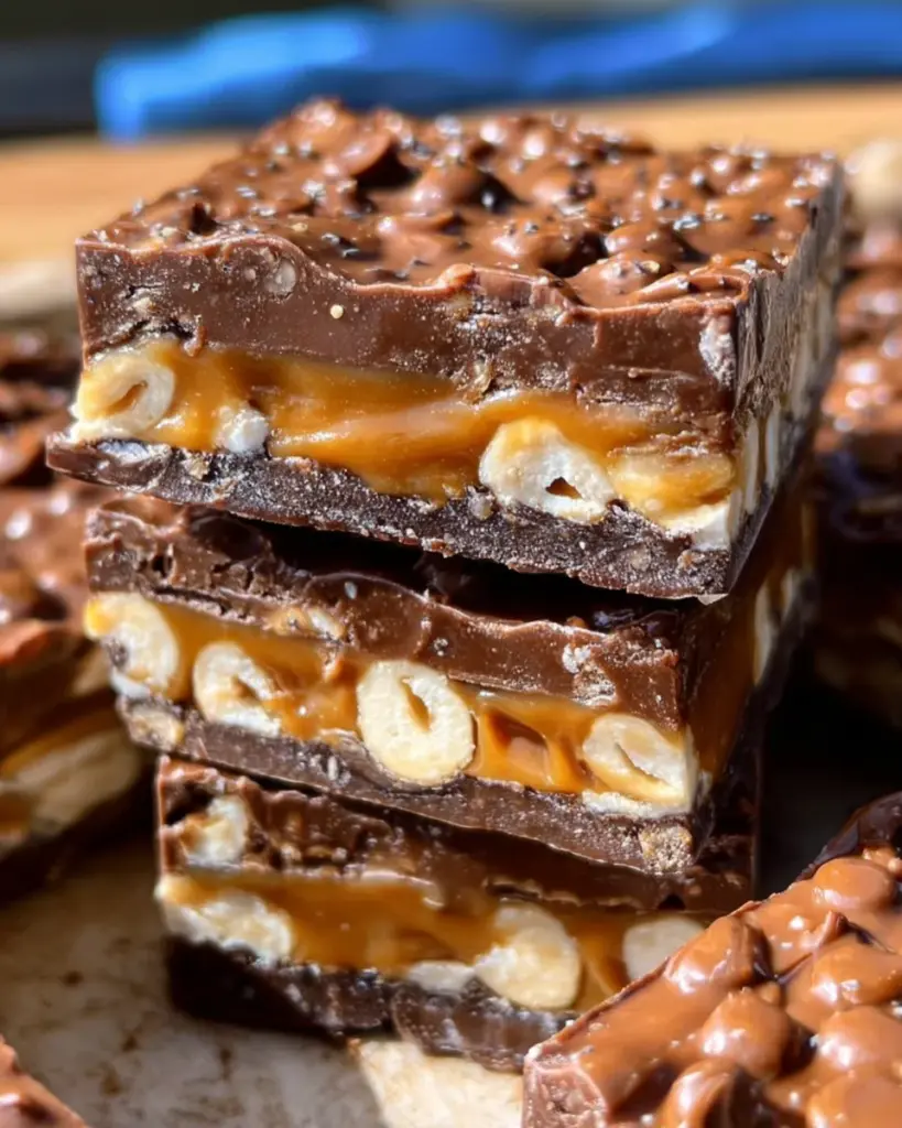 No Bake Crispy Snickers Bars